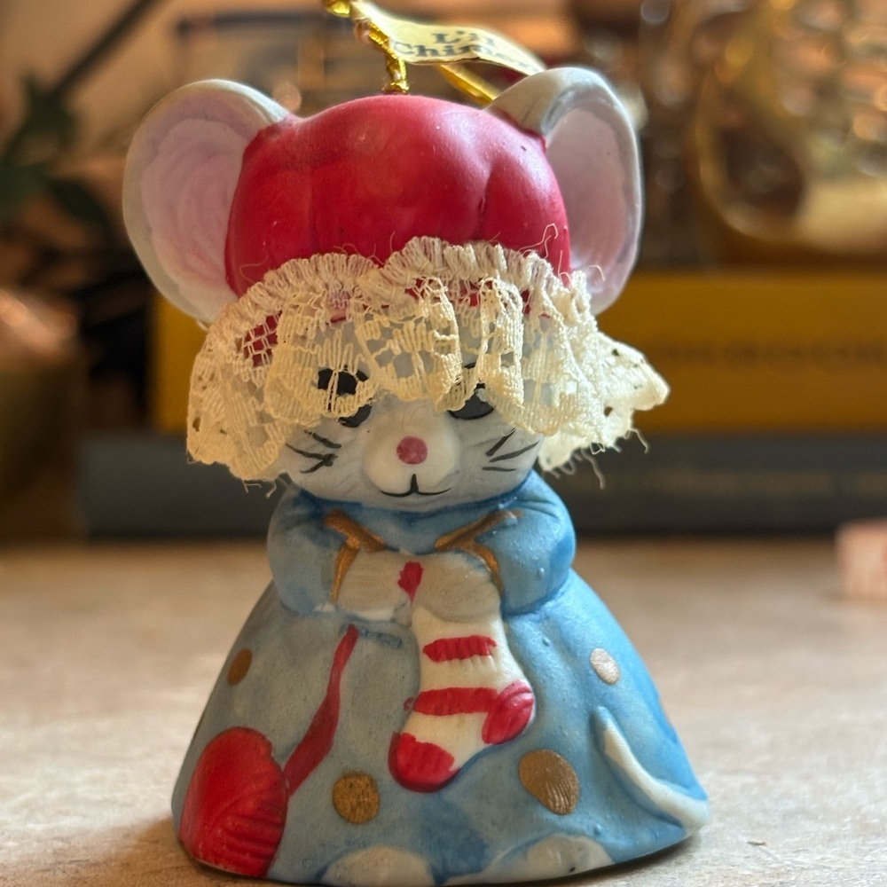 Vtg Jasco 1980's L’il Chimers Christmas Ornament Ceramic Mouse Bell